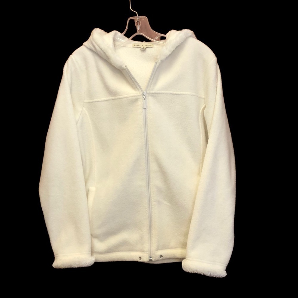 Carolyn Taylor/White Fleece /zipper jacket / hood/ pockets / Size M /